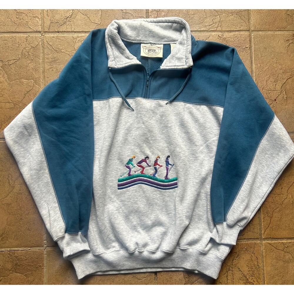 Vintage John Ashford Sport Quarter Zip Sweatshirt Embroidered Skiers Large